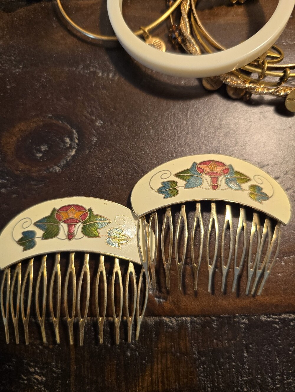 Vintage Cloisonné Enamel Floral Hair Combs Pair Brass Art Nouveau